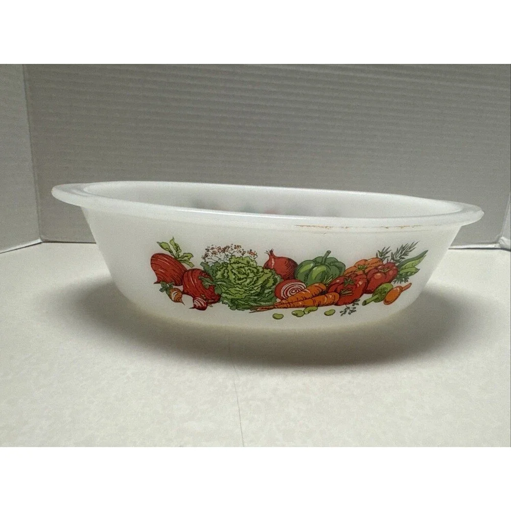 Vintage Glasbake Milk Glass Oval Vegetables Theme 1 qt Casserole Dish W/ Lid